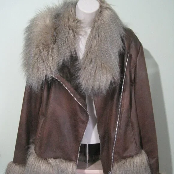 Hawke & Co Penny Lane Faux Vegan Leather Fur Trim Liner Brown Jacket Size L Boho - Picture 6 of 8